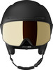 Schwarzer Skihelm mit integrierter goldener Brille und Riemen.