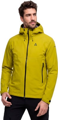 Ein Mann in einer gelben Jacke mit Kapuze und schwarzen Details steht vor einem weißen Hintergrund. Ein Mann in einer gelben Jacke mit Kapuze und schwarzen Details steht vor einem weißen Hintergrund.