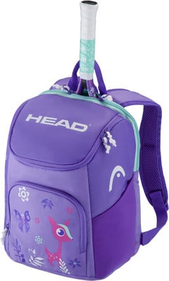 Lila Rucksack mit Waldtiermotiv und Tennisschläger oben. Lila Rucksack mit Waldtiermotiv und Tennisschläger oben.