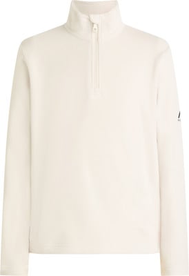 Cremefarbener Fleece-Pullover mit kurzem Reißverschluss am Kragen und Logo am Ärmel.