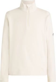 Cremefarbener Fleece-Pullover mit kurzem Reißverschluss am Kragen und Logo am Ärmel.