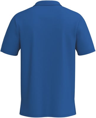 Rückansicht eines blauen Poloshirts mit kurzen Ärmeln und Kragen. Rückansicht eines blauen Poloshirts mit kurzen Ärmeln und Kragen.