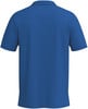 Rückansicht eines blauen Poloshirts mit kurzen Ärmeln und Kragen.