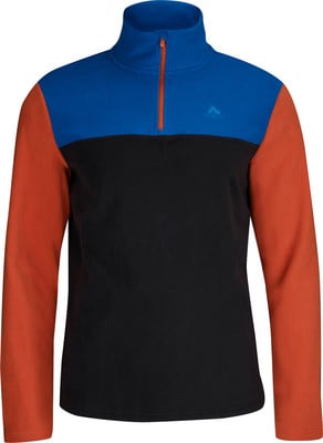 Blaues Fleece-Oberteil mit orangefarbenen Ärmeln und schwarzem Rumpf.