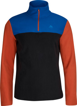 Blaues Fleece-Oberteil mit orangefarbenen Ärmeln und schwarzem Rumpf.