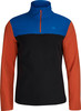 Blaues Fleece-Oberteil mit orangefarbenen Ärmeln und schwarzem Rumpf.