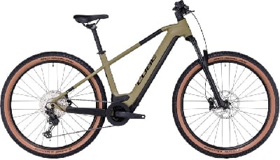 Ein khaki-farbenes Cube E-Bike mit Federgabel und braunen Reifen.