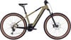 Ein khaki-farbenes Cube E-Bike mit Federgabel und braunen Reifen.