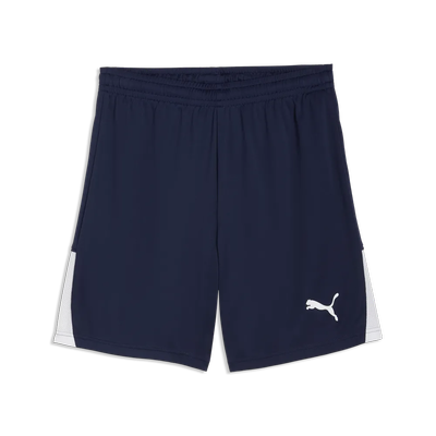 Marineblaue Puma-Shorts mit weißen Seiteneinsätzen und Logo. Marineblaue Puma-Shorts mit weißen Seiteneinsätzen und Logo.