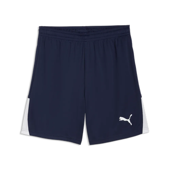 Marineblaue Puma-Shorts mit weißen Seiteneinsätzen und Logo.