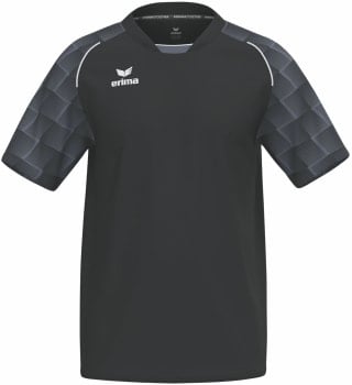 Schwarzes T-Shirt mit kurzen Ärmeln und grauem Muster.