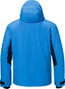 Rückansicht einer blauen Jacke mit Kapuze und dunklen Seitenteilen.