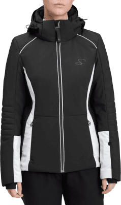 Damen-Skijacke in Schwarz und Weiß mit Markenlogo und weißen Streifen. Damen-Skijacke in Schwarz und Weiß mit Markenlogo und weißen Streifen.