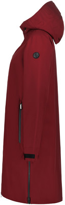 Damen-Bordaux-Regenjacke mit Kapuze und schwarzen Reißverschlüssen. Damen-Bordaux-Regenjacke mit Kapuze und schwarzen Reißverschlüssen.