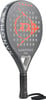 Grauer Dunlop Nanomax Pro Tennisschläger mit orangefarbenem Logo und weißem Mittelloch.