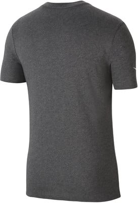Rückansicht eines dunkelgrauen T-Shirts mit kurzen Ärmeln und kleinem Logo auf dem Ärmel. Rückansicht eines dunkelgrauen T-Shirts mit kurzen Ärmeln und kleinem Logo auf dem Ärmel.