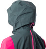 Grüne Jacke mit pinken Details und Kapuze, von hinten.