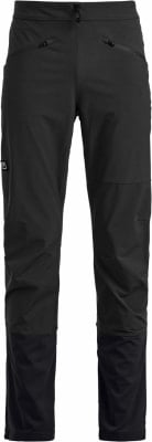 Schwarze Outdoorhose mit Logo, Reißverschlüssen und Verstärkungen.