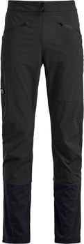 Schwarze Outdoorhose mit Logo, Reißverschlüssen und Verstärkungen.