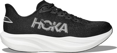 Schwarzer Hoka Laufschuh mit weißer Sohle und Logo. Schwarzer Hoka Laufschuh mit weißer Sohle und Logo.