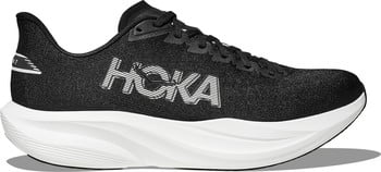 Schwarzer Hoka Laufschuh mit weißer Sohle und Logo.