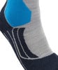 Grauer Socken mit blauem und dunkelblauem Muster.