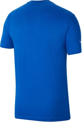 Blaues T-Shirt mit kurzen Ärmeln und Logo auf dem Ärmel. Blaues T-Shirt mit kurzen Ärmeln und Logo auf dem Ärmel.