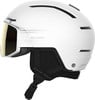 Weißer Salomon Skihelm mit integriertem Visier und schwarzen Details.