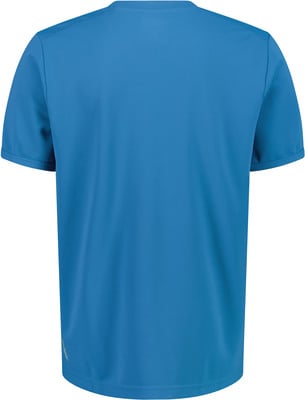 Ein blaues T-Shirt mit kurzen Ärmeln und Rundhalsausschnitt von vorne. Ein blaues T-Shirt mit kurzen Ärmeln und Rundhalsausschnitt von vorne.