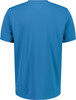 Ein blaues T-Shirt mit kurzen Ärmeln und Rundhalsausschnitt von vorne.