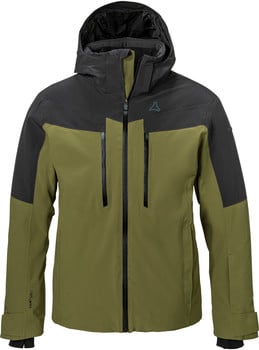 Grüne Herren-Skijacke mit schwarzen Akzenten und Kapuze.