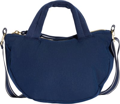 Dunkelblaue Tasche mit kurzen Henkeln und langem Gurt.
