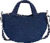 Dunkelblaue Tasche mit kurzen Henkeln und langem Gurt.