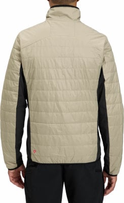 Rückansicht einer beigen Steppjacke mit schwarzen Seitenteilen. Rückansicht einer beigen Steppjacke mit schwarzen Seitenteilen.