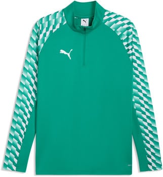 Grüner Puma Pullover mit weißem Logo und geometrischem Ärmelmuster.