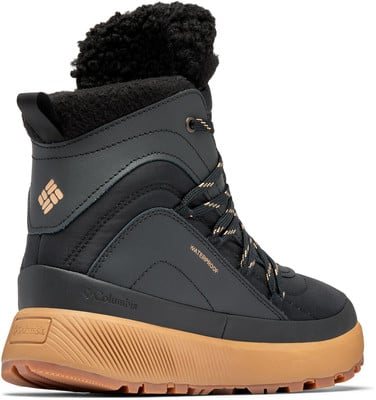 Schwarzer wasserdichter Winterstiefel mit Pelz und brauner Sohle.