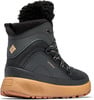 Schwarzer wasserdichter Winterstiefel mit Pelz und brauner Sohle.