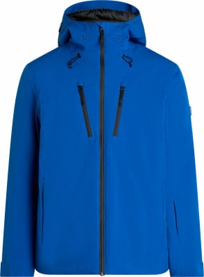 Blaue Herren-Skijacke mit schwarzen Reißverschlüssen und Kapuze.
