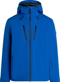 Blaue Herren-Skijacke mit schwarzen Reißverschlüssen und Kapuze.