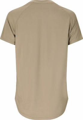 Rückansicht eines beige kurzärmeligen T-Shirts mit Raglanärmeln. Rückansicht eines beige kurzärmeligen T-Shirts mit Raglanärmeln.