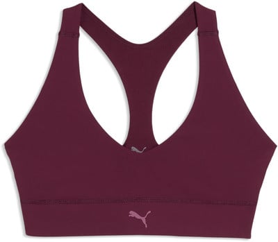 Damen-Weinrote Puma-Sport-BH mit Logo auf der Vorderseite.