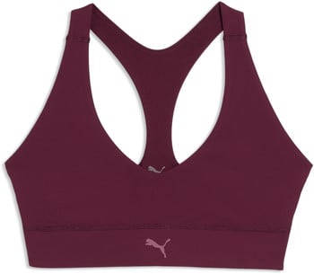 Damen-Weinrote Puma-Sport-BH mit Logo auf der Vorderseite.