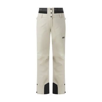 Damen-Skihose in Beige mit schwarzem Bund und Logo.