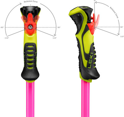 Ein Skistock mit verstellbarem Griff und Freigabezone. Ein Skistock mit verstellbarem Griff und Freigabezone.