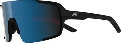 Schwarze Sportsonnenbrille mit blauen verspiegelten Gläsern und einem A-Logo. Schwarze Sportsonnenbrille mit blauen verspiegelten Gläsern und einem A-Logo.
