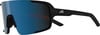 Schwarze Sportsonnenbrille mit blauen verspiegelten Gläsern und einem A-Logo.