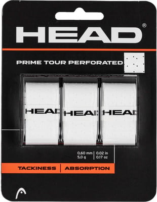 Verpackung von drei weißen HEAD Prime Tour Perforated Griffbändern mit Logo. Verpackung von drei weißen HEAD Prime Tour Perforated Griffbändern mit Logo.