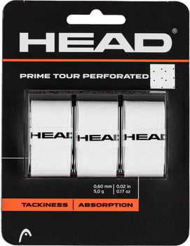 Verpackung von drei weißen HEAD Prime Tour Perforated Griffbändern mit Logo.