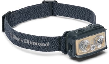 Schwarze Black Diamond Stirnlampe mit verstellbarem Riemen und zwei LED-Leuchten.