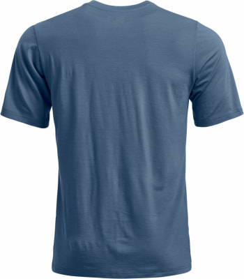 Blaues Herren-T-Shirt mit kurzen Ärmeln, von hinten gezeigt.